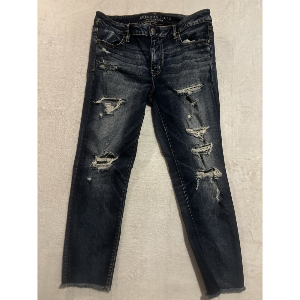 American Eagle Jeans Women's 14 Super Stretch Jegging‎ Crop Blue Distressed